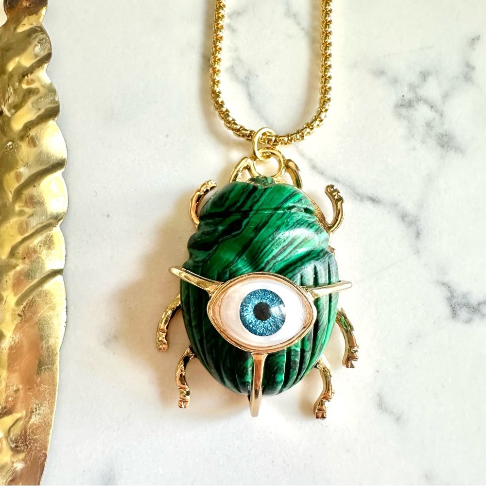 2/$30🌵 Gold Scarab Egyptian Beetle Green Stone Evil Eye Necklace Bug Boho NEW